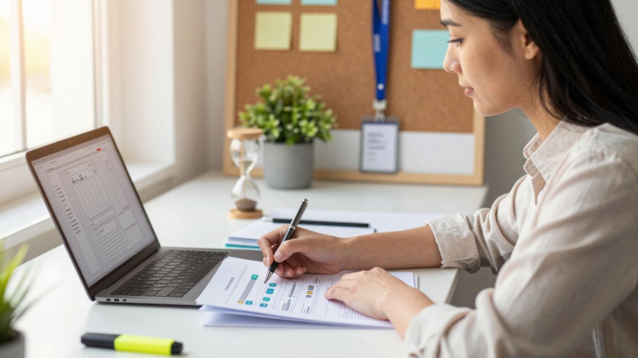 Mulher a trabalhar num portátil e a tomar notas, sentada a uma secretária com plantas e cartões na parede.