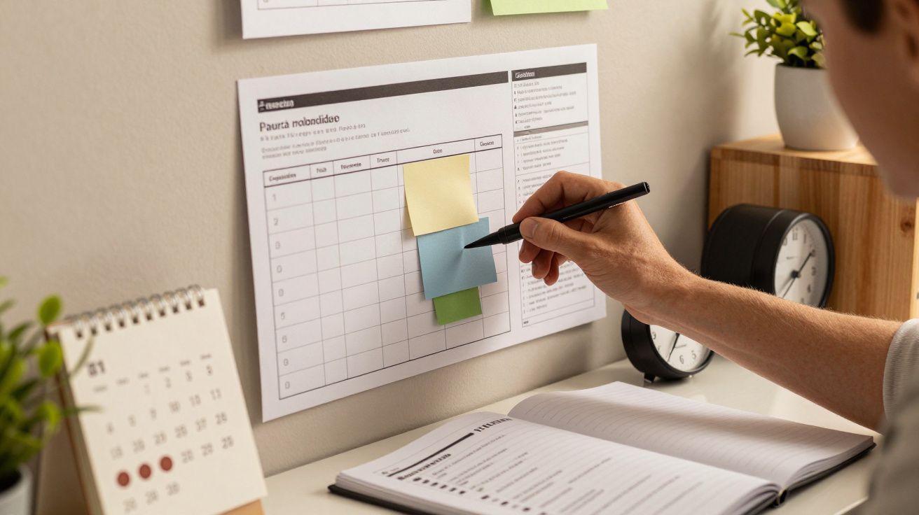 Pessoa escreve notas adesivas em calendário na parede, mesa com relógio e caderno.