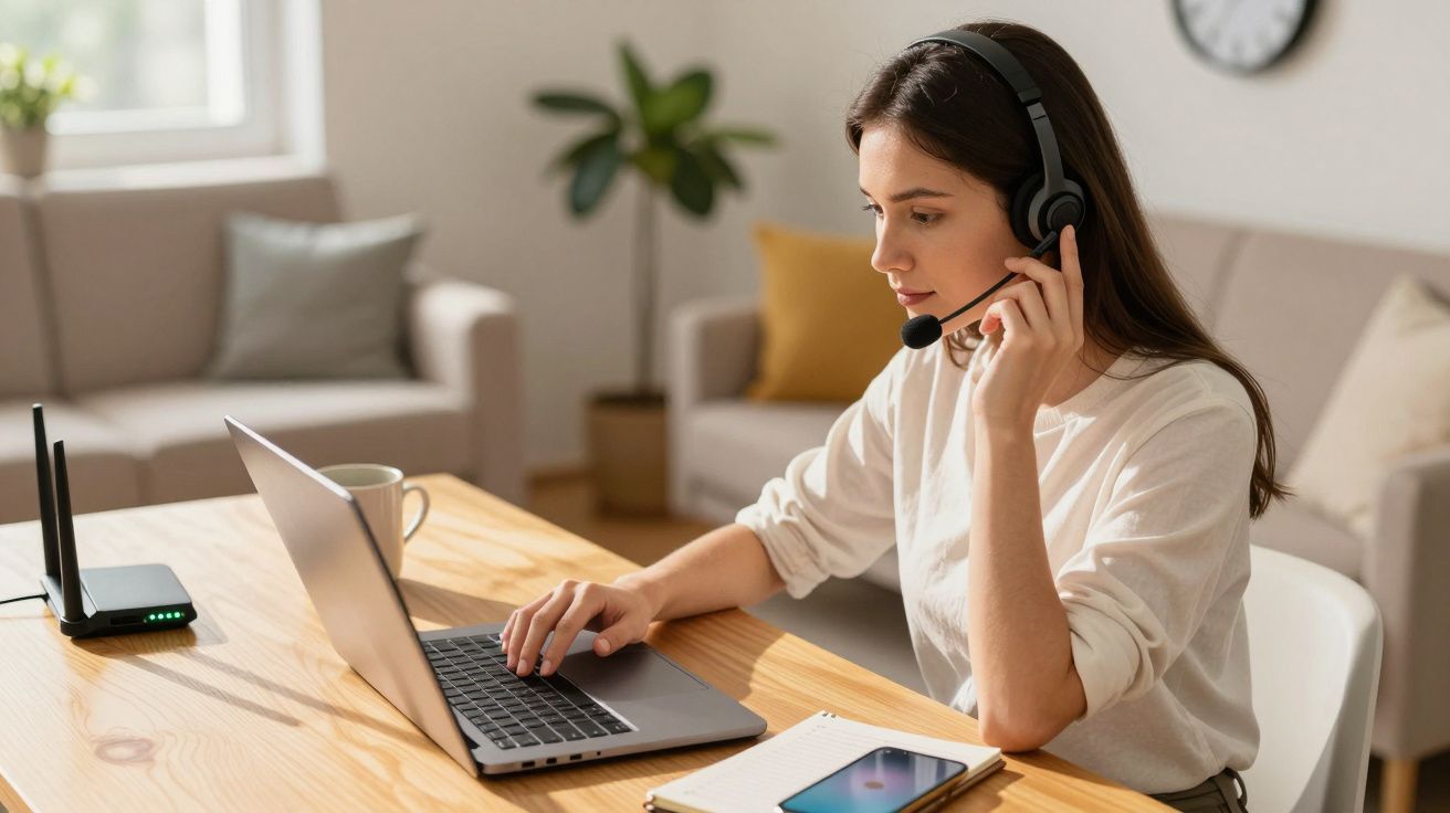 Mulher a trabalhar num portátil, usando auscultadores com microfone, sentada numa sala bem iluminada, ao lado de um router.