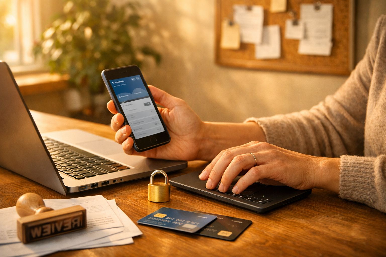 Pessoa usando smartphone para verificar finanças com calculadora e cartões na mesa ao lado de envelopes.