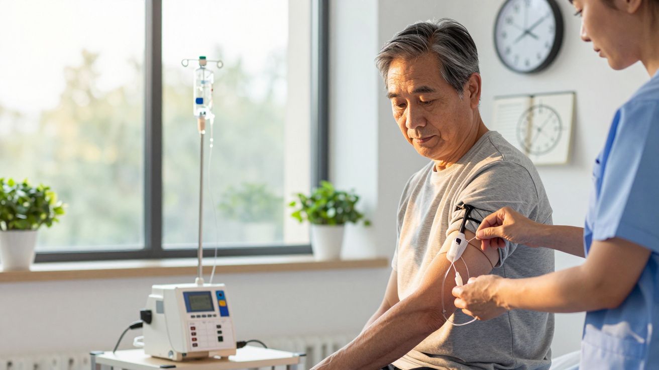 Enfermeira ajusta infusão intravenosa no braço de um paciente idoso numa clínica com plantas e relógio ao fundo.