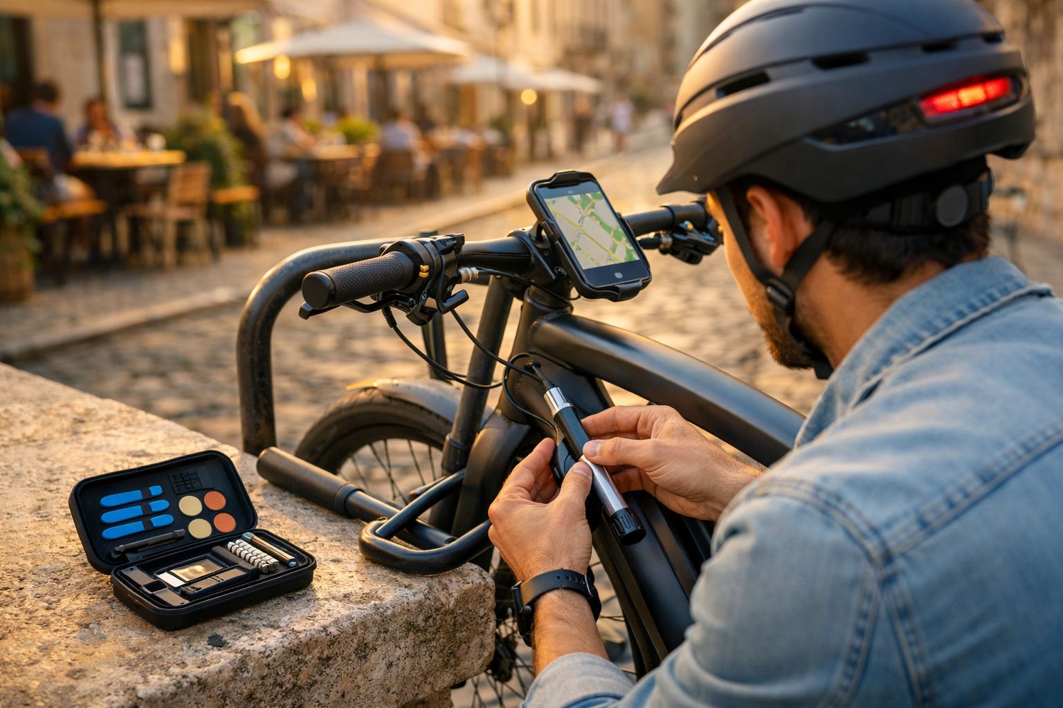 Homem de capacete ao lado de bicicleta na rua, ajustando itens de um kit no chão.