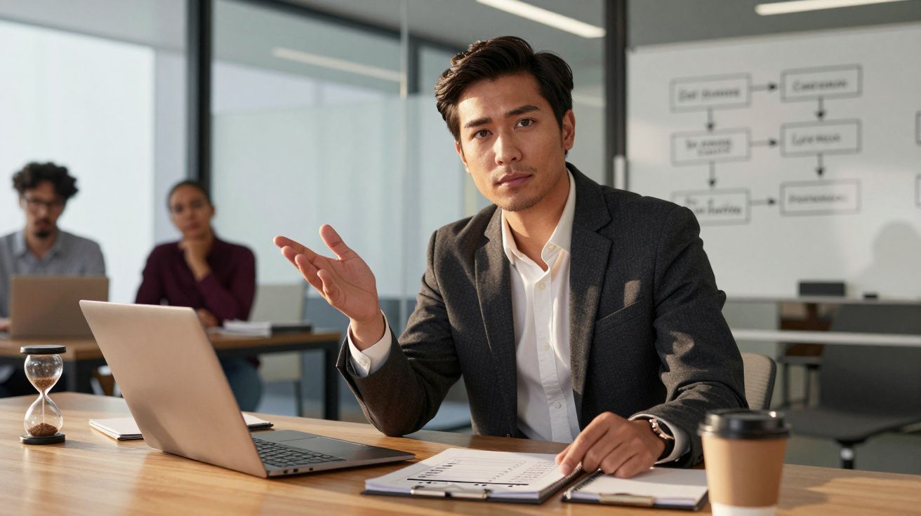 Homem numa reunião de negócios, gesticulando, com computador portátil e café à frente, colegas desfocados ao fundo.