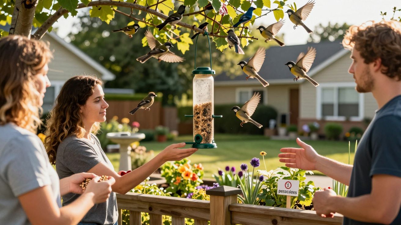 Pessoas a alimentar pássaros num jardim, perto de um alimentador suspenso, rodeado por flores e árvores.