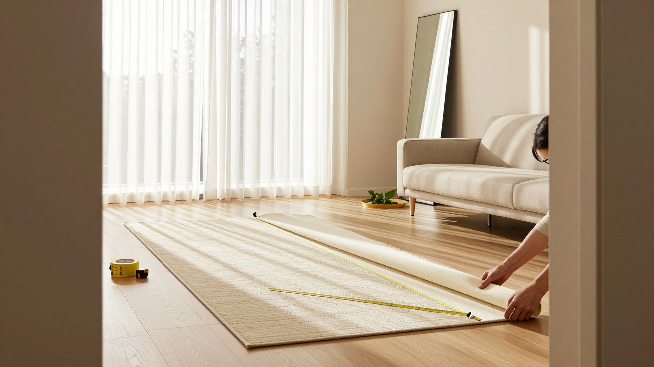 Pessoa a estender um tapete num chão de madeira, próximo de uma janela com cortinas transparentes e sofá cinza.