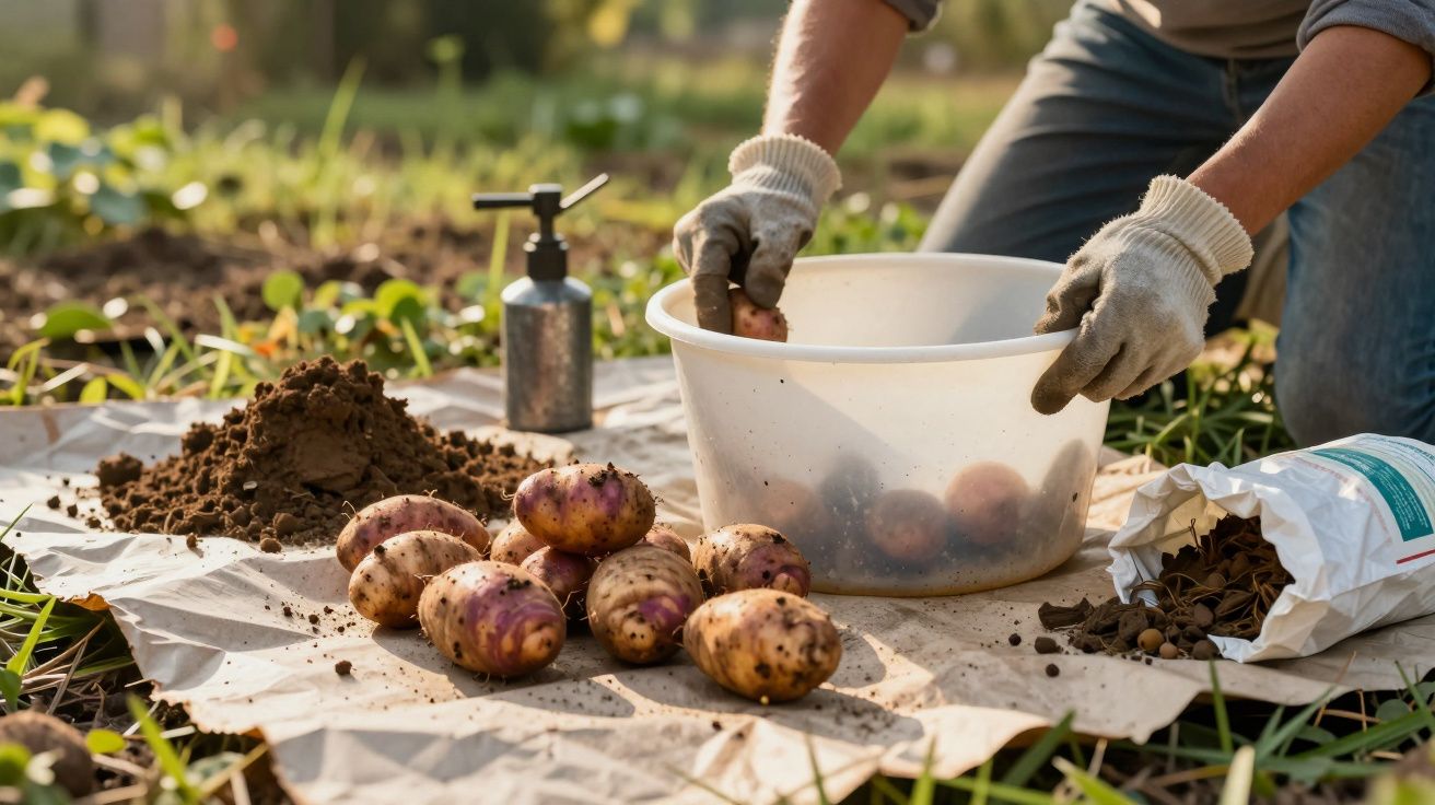 Pessoa a colher batatas no campo, com balde branco e ferramentas de jardinagem ao redor.