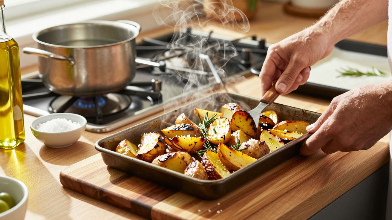Pessoa a servir batatas assadas fumegantes numa travessa, com alecrim e especiarias, ao lado de panelas no fogão.