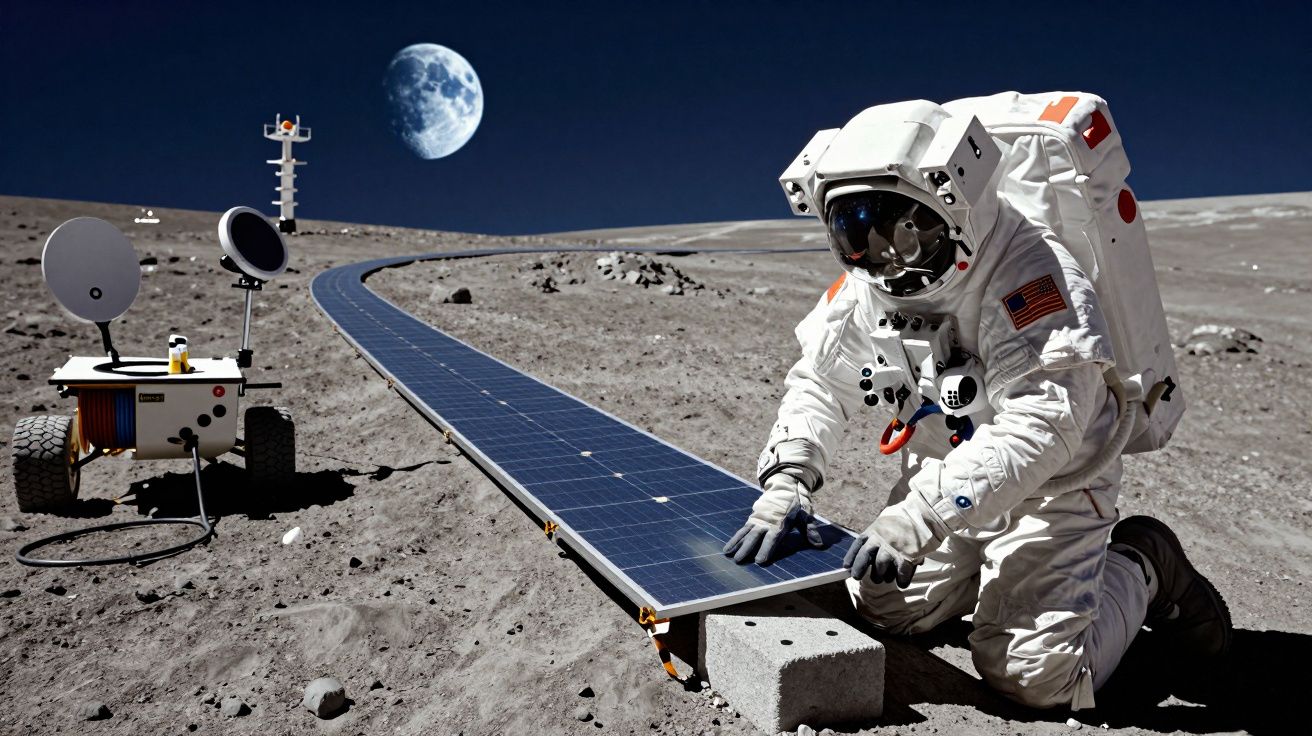 Astronauta ajusta painel solar na superfície lunar, com a Terra ao fundo sob o céu escuro do espaço.