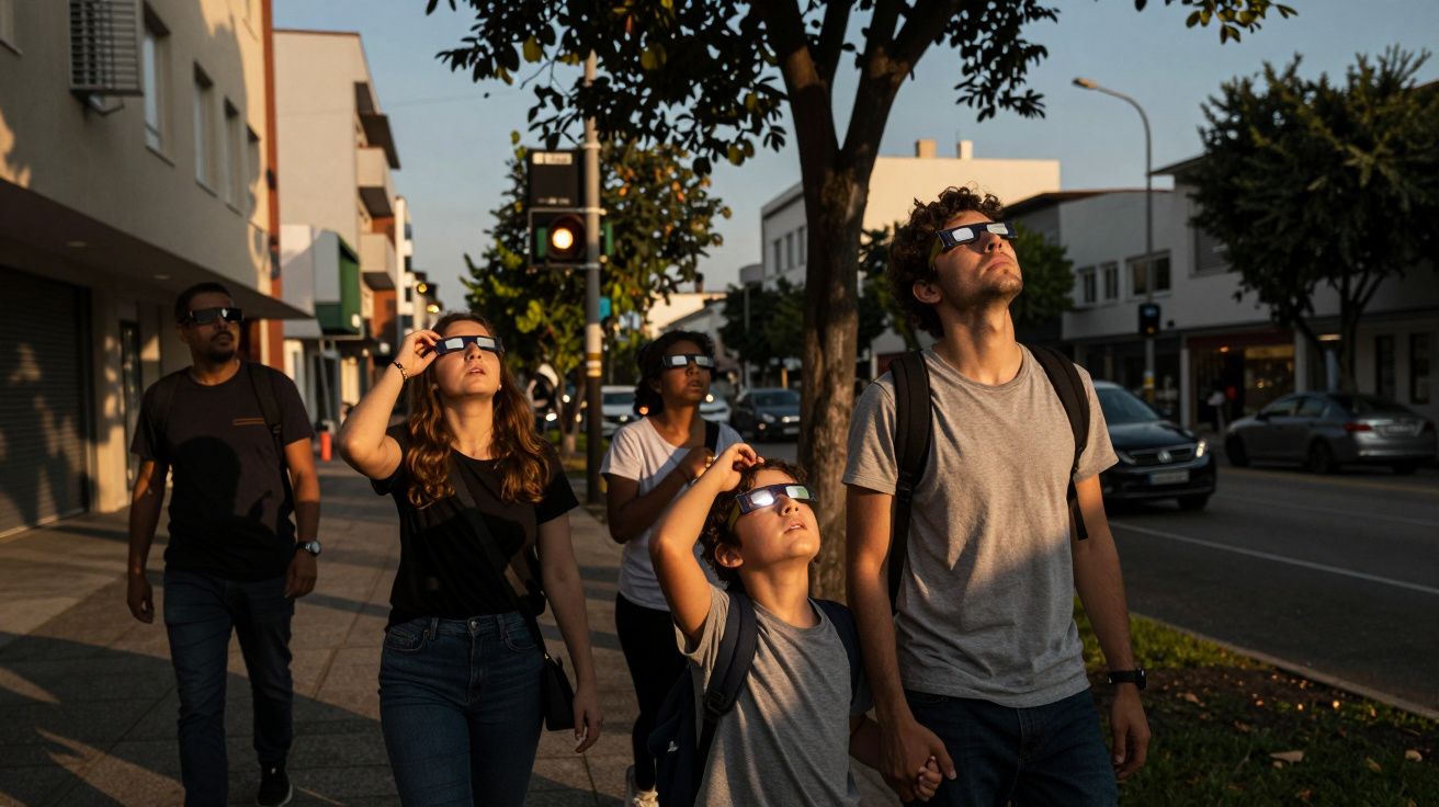 Grupo de pessoas com óculos de proteção observa o céu na rua durante o dia.