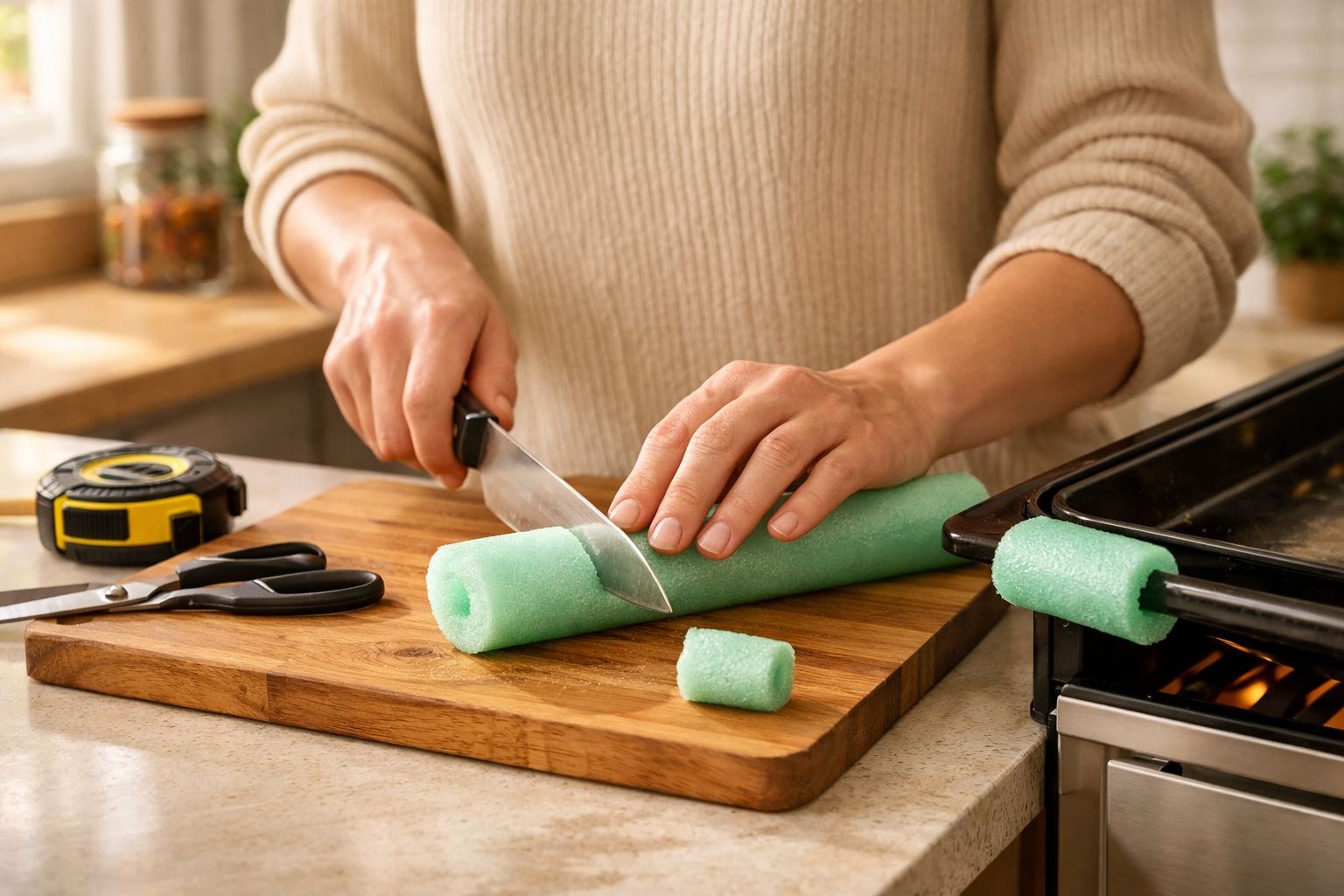 Pessoa corta pepino numa tábua ao lado de limão e utensílios numa cozinha iluminada.