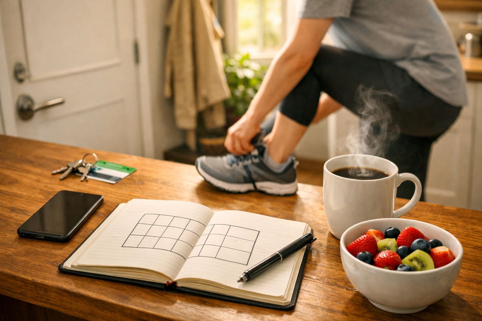 Pessoa segura smartphone numa mesa com chávenas, bloco de notas, chave e uma bicicleta ao fundo.