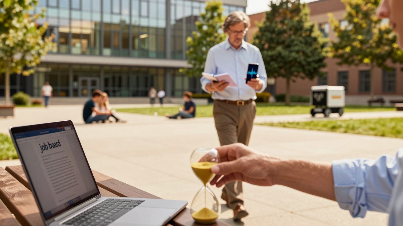 Homem com ampulheta perto de laptop ao ar livre, pessoa ao fundo lê livro, edifício moderno e árvores ao redor.