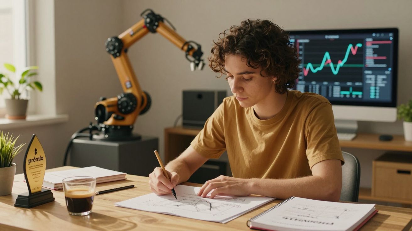 Pessoa com cabelo encaracolado desenha em mesa, ao lado de um robô e computador com gráficos. Prémio e café na mesa.
