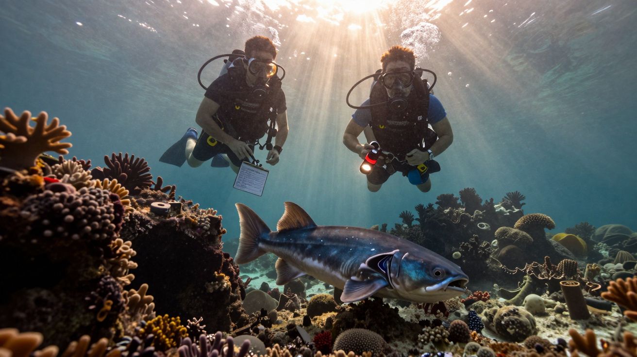 Dois mergulhadores observam um peixe nadando sobre corais iluminados pela luz do sol sob a água.