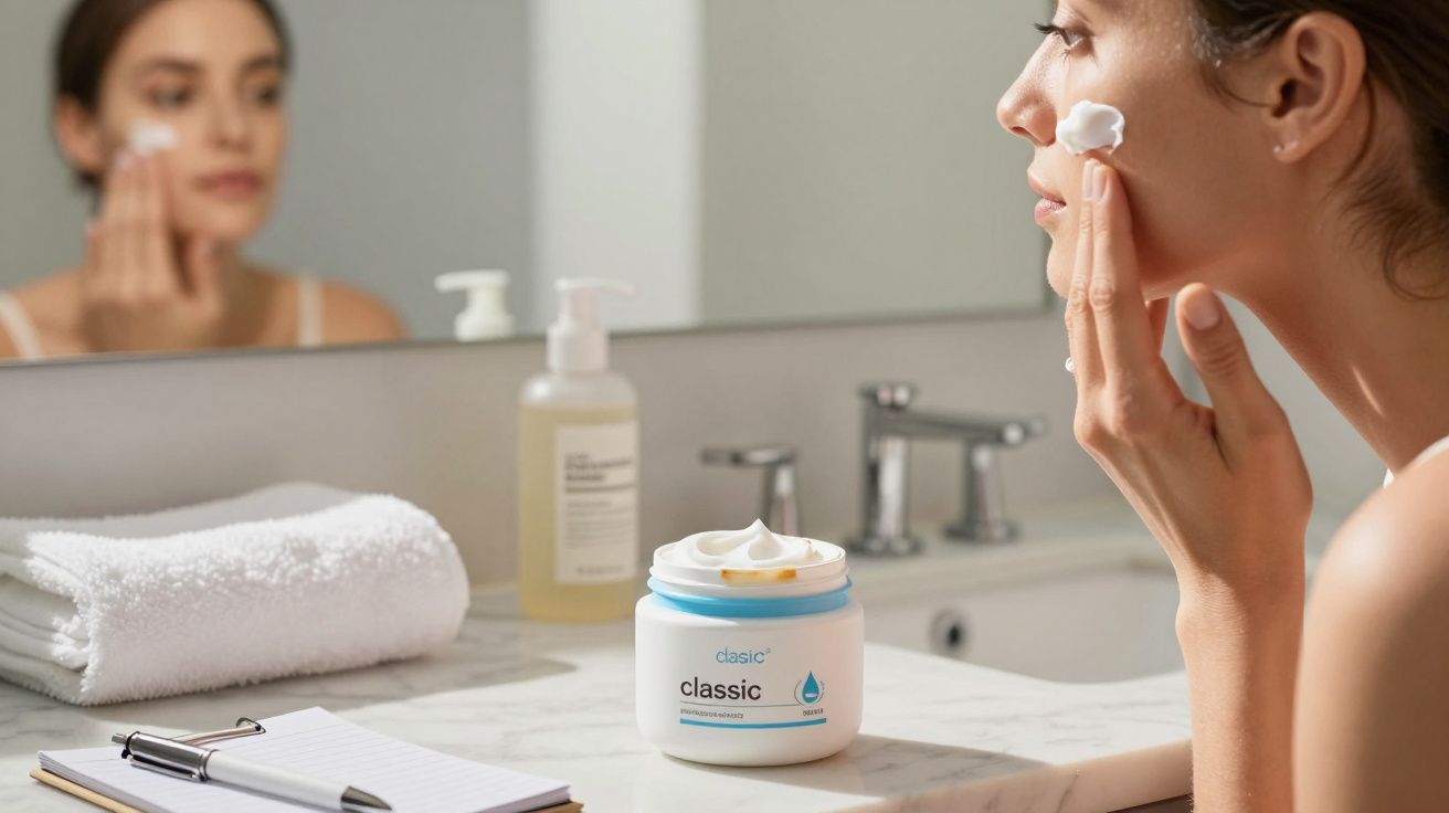 Mulher aplica creme no rosto frente ao espelho; toalha, bloco de notas e creme sobre bancada da casa de banho.