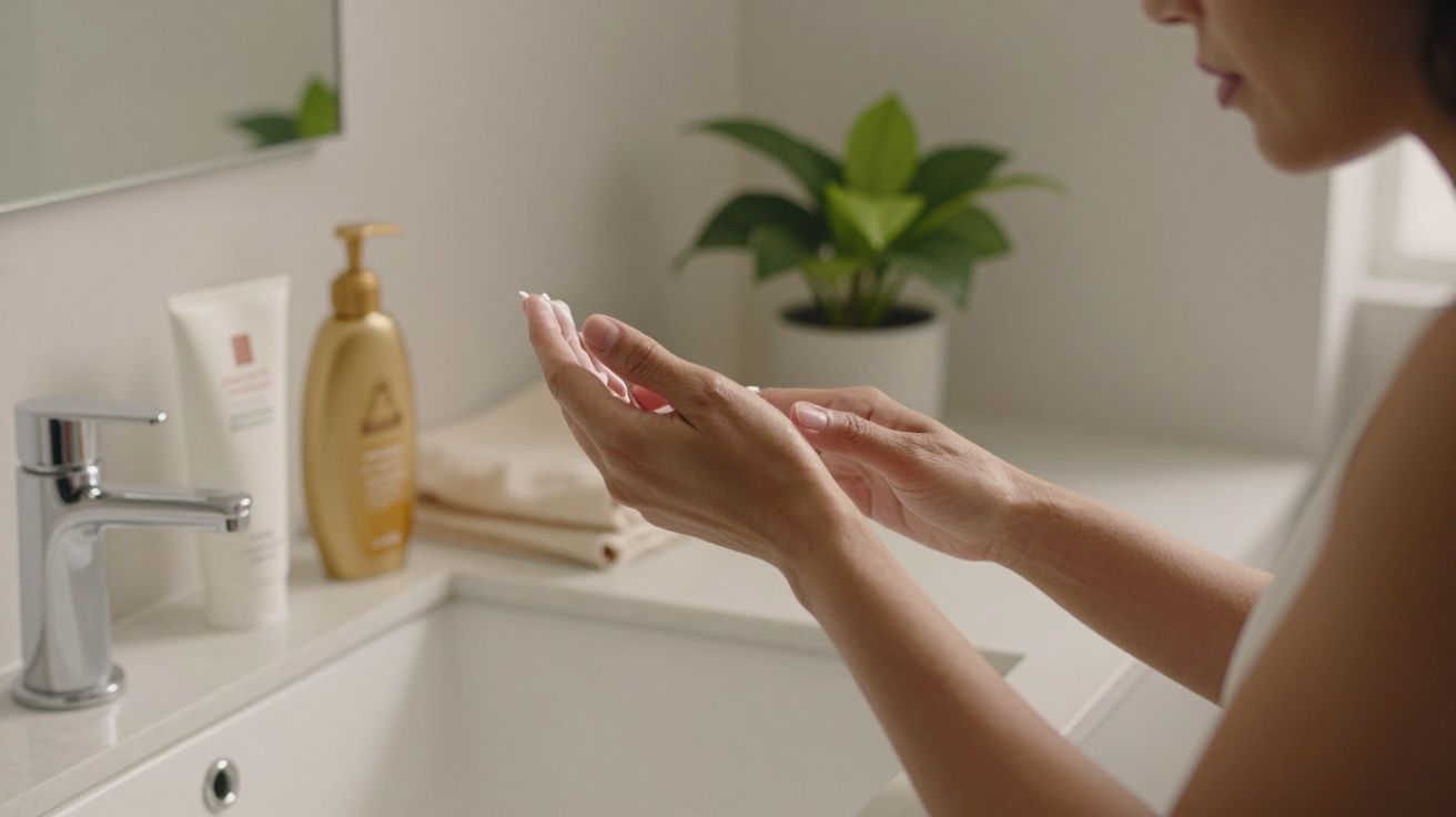 Pessoa aplica creme nas mãos junto a lavatório e produtos de cuidado pessoal.