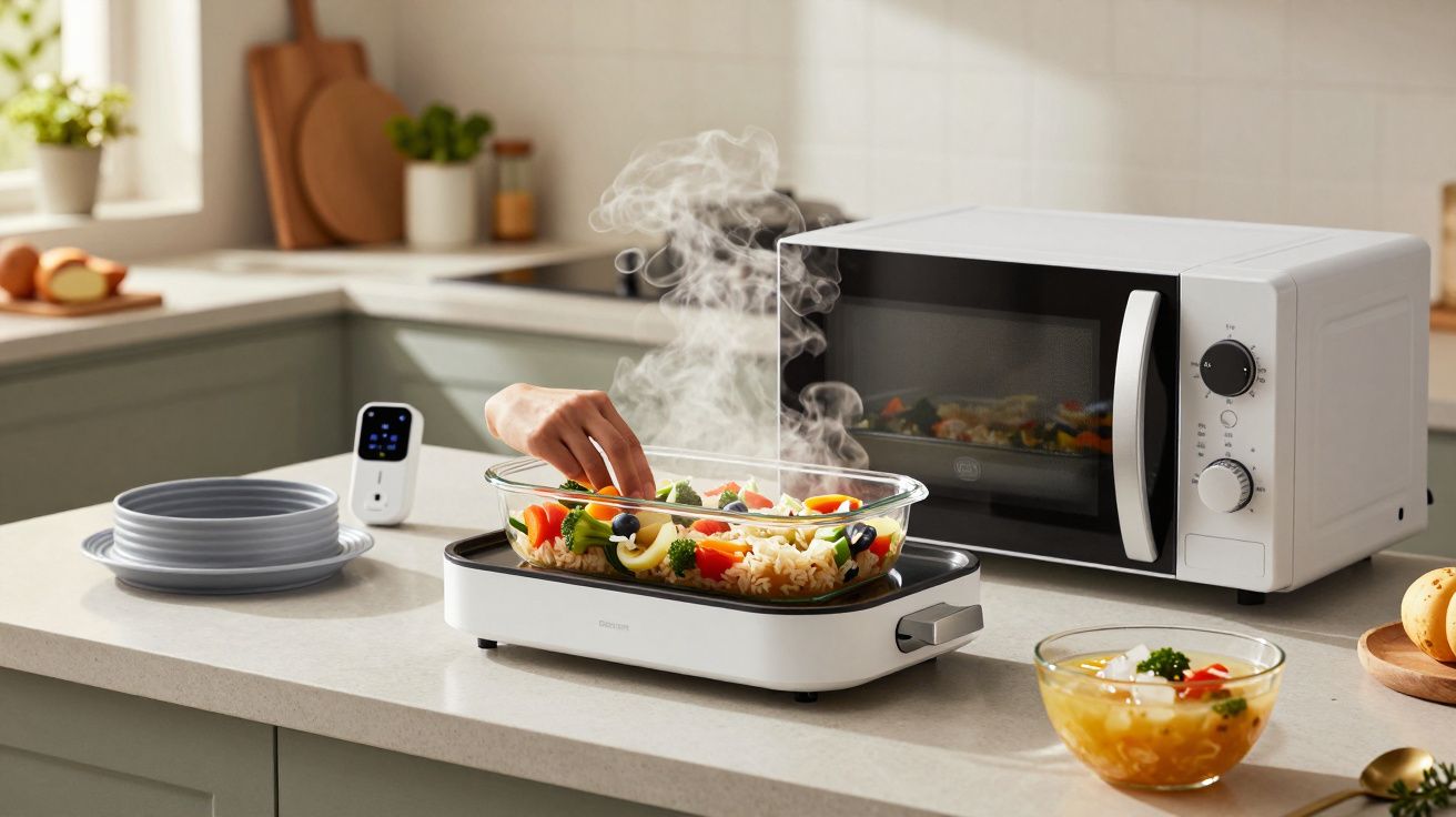 Mão ajusta legumes em vapor numa panela moderna sobre bancada de cozinha, com micro-ondas em fundo.