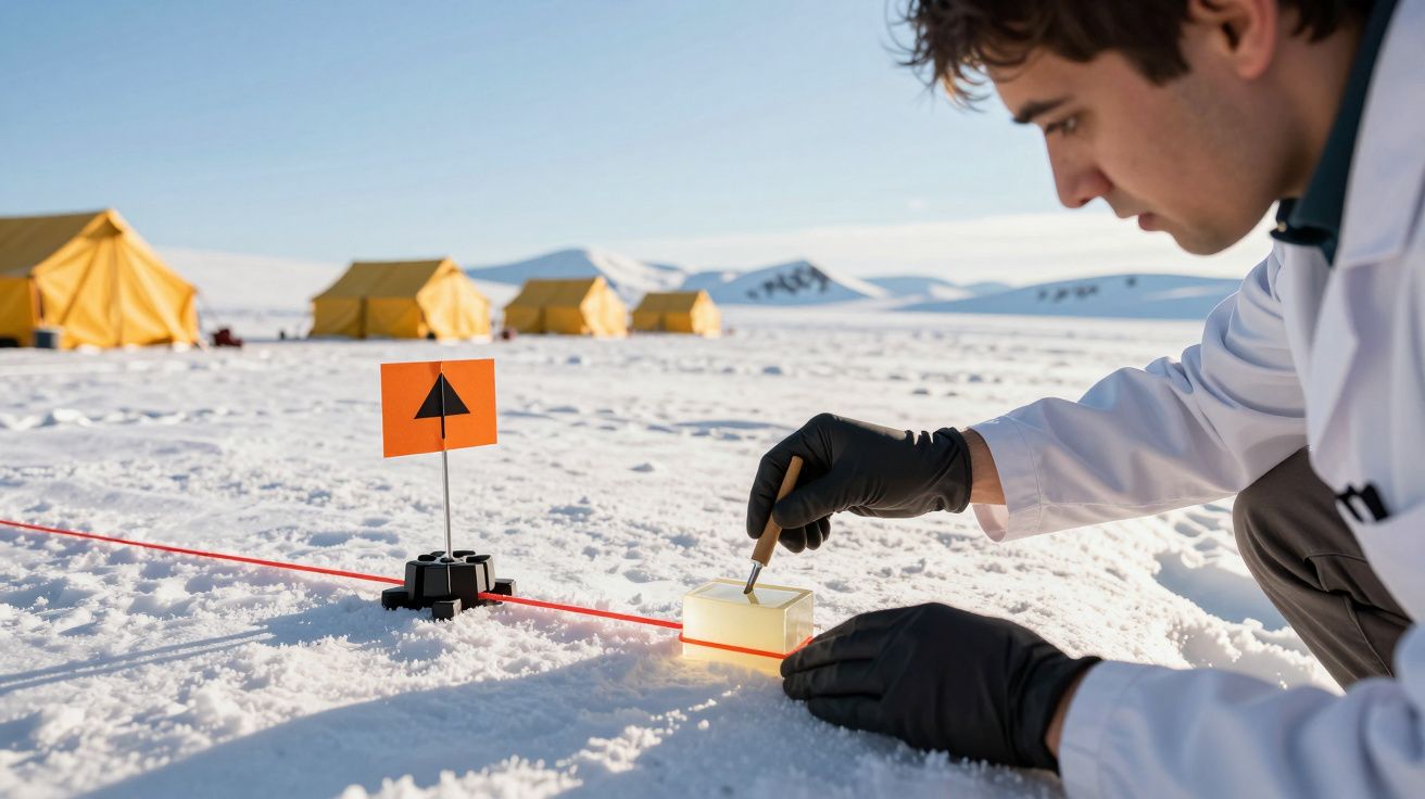 Cientista analisa gelo no Ártico com laser vermelho, tendas no fundo, sob céu claro.