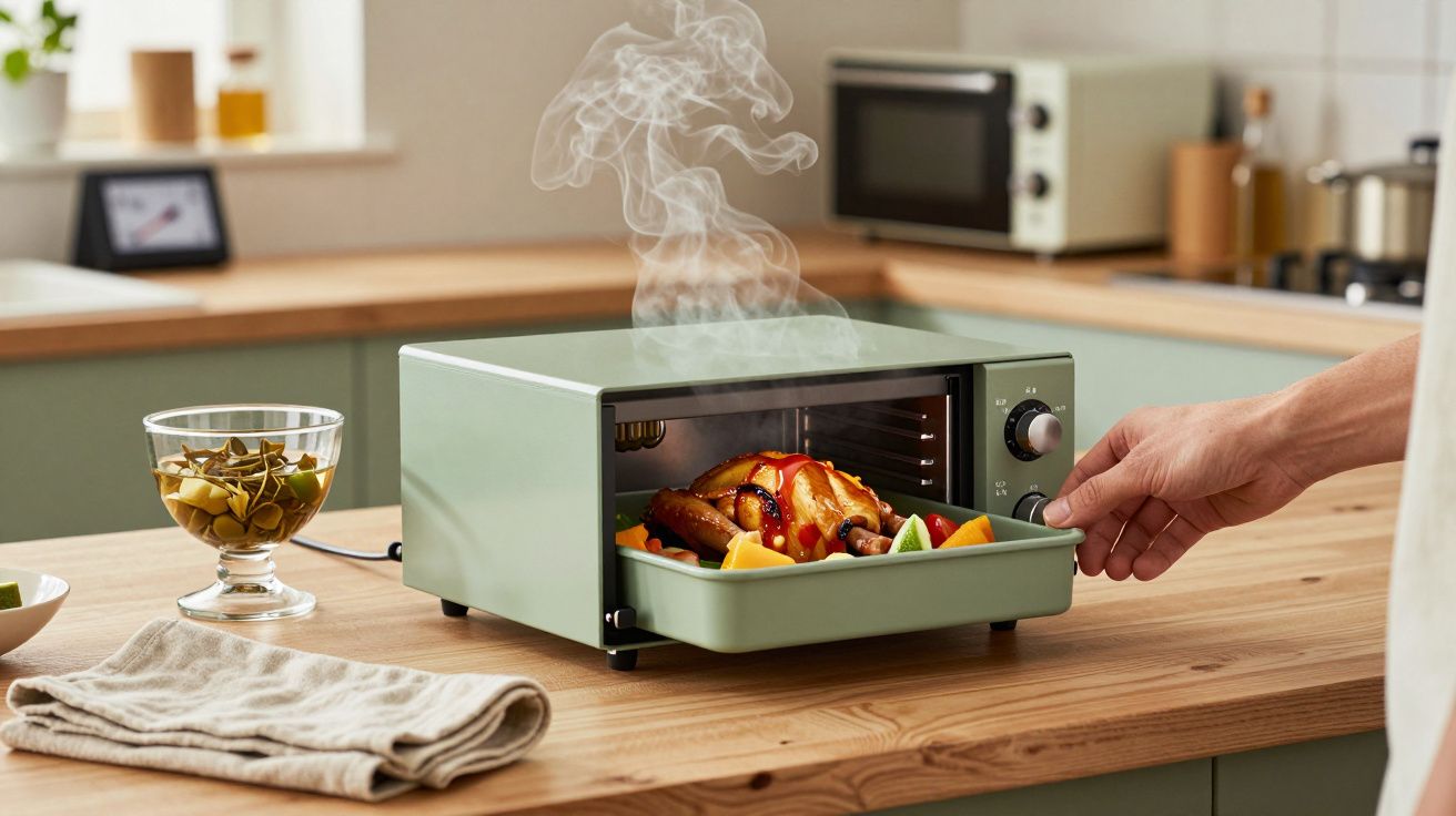 Forno verde com frango assado e vegetais, emite vapor. Mão aberta a segurar o tabuleiro, balcão de madeira ao fundo.