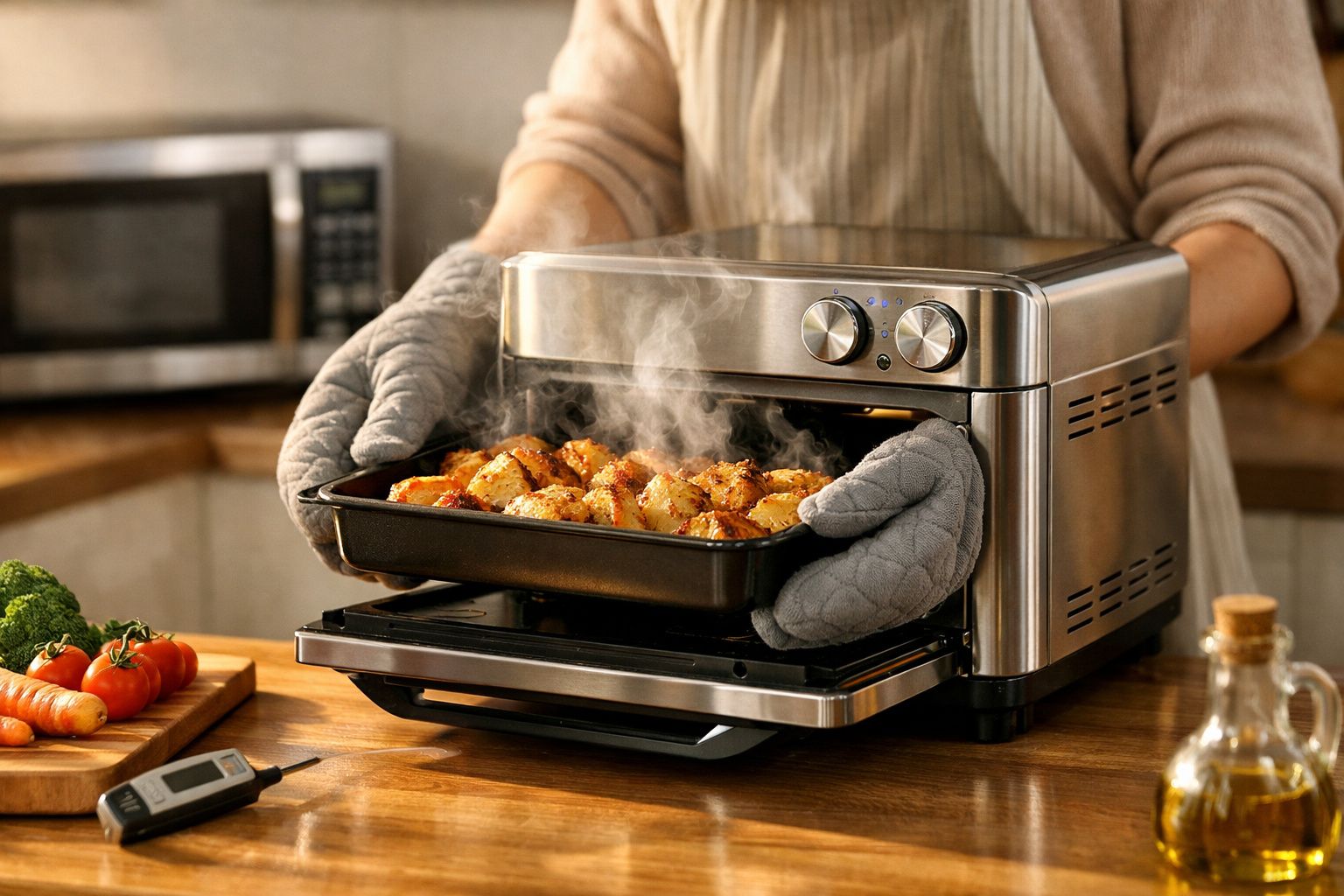 Pessoa retira frango assado de uma fritadeira sem óleo numa bancada de cozinha com micro-ondas e especiarias ao fundo.