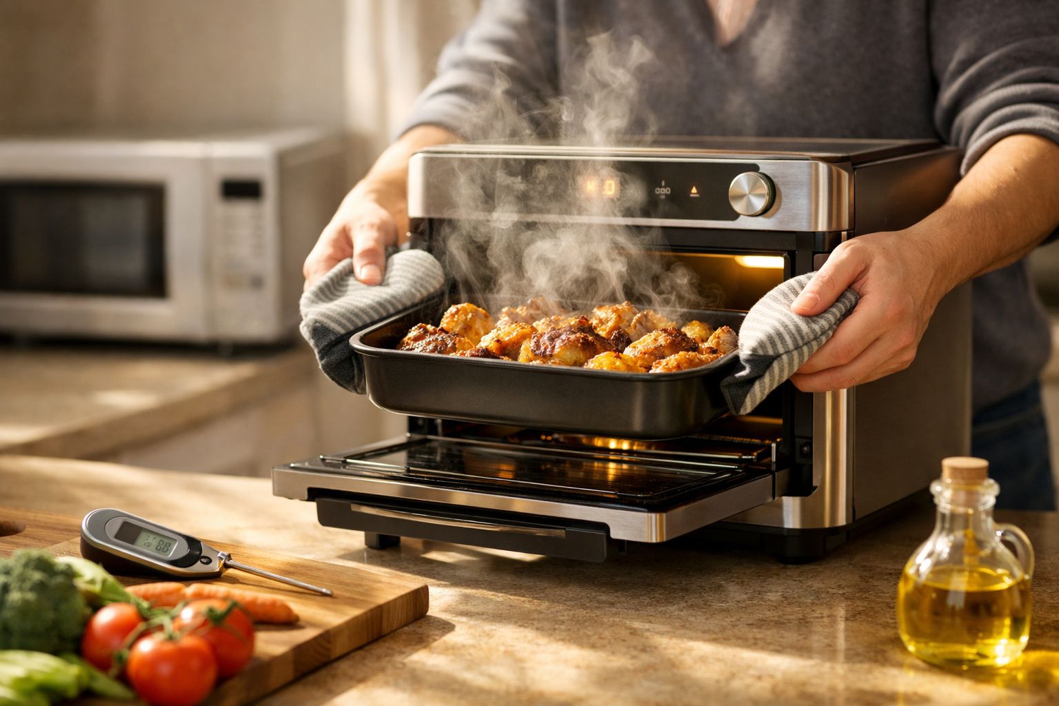 Pessoa a retirar assado fumegante de um forno prateado com luvas, numa cozinha com legumes e azeite sobre a bancada.
