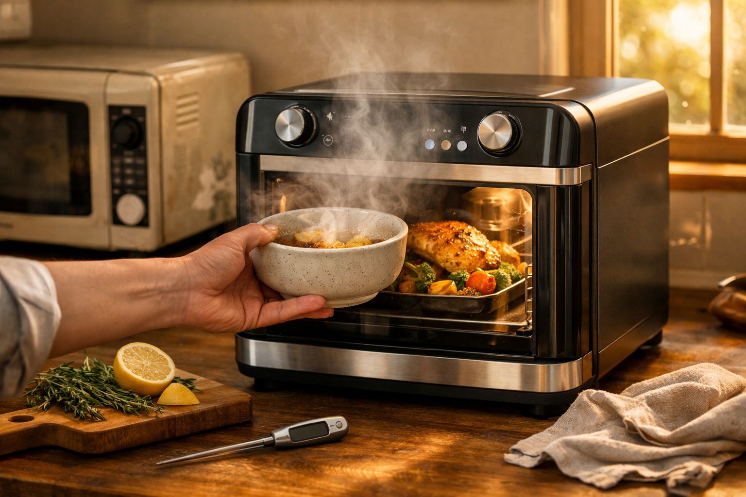 Pessoa a usar uma fritadeira sem óleo com vegetais num balcão de cozinha, ao lado de um micro-ondas e limões.
