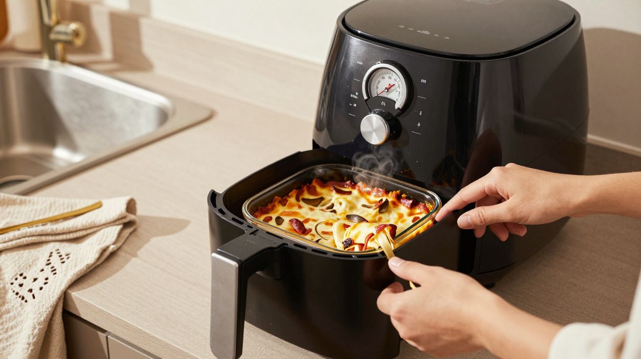 Mãos retiram uma bandeja de lasanha acabada de cozinhar de uma fritadeira sem óleo numa bancada de cozinha.