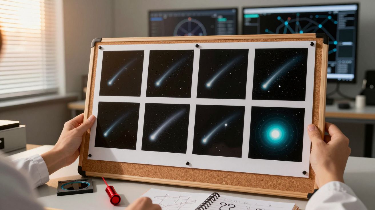 Painel com oito fotos de cometa, em mesa de escritório científico, com fundo de ecrãs de computador.