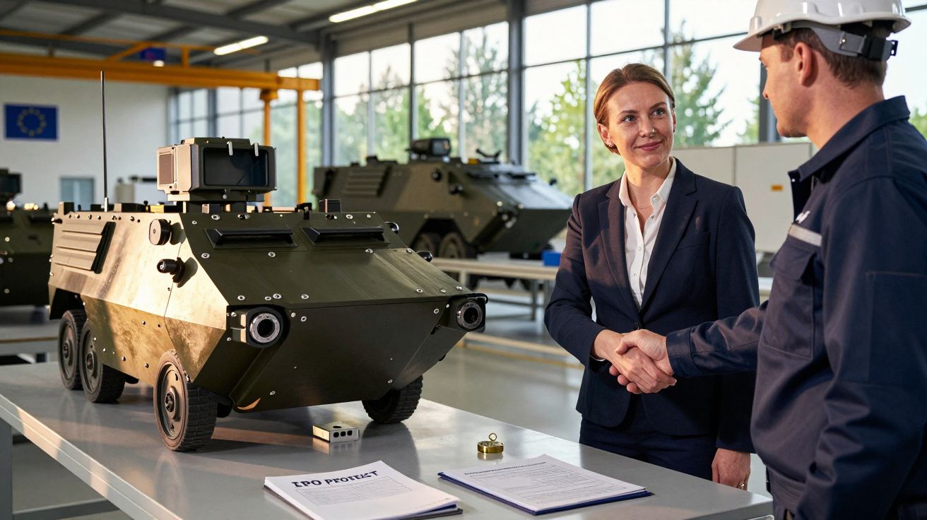 Mulher e homem apertam as mãos ao lado de veículo blindado em sala de fabrico com documentos na mesa.