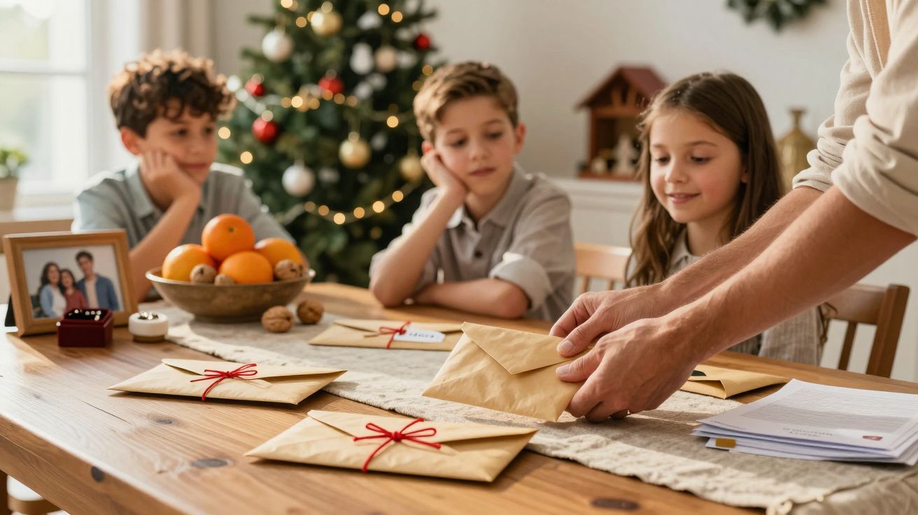 Três crianças observam envelopes de presente sobre a mesa ao lado de uma árvore de Natal decorada.
