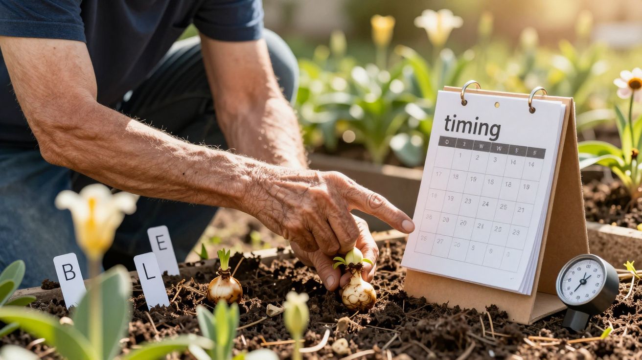 Pessoa a plantar bulbos num jardim, com um calendário de papel ao lado marcando datas de plantio e um termómetro no solo.