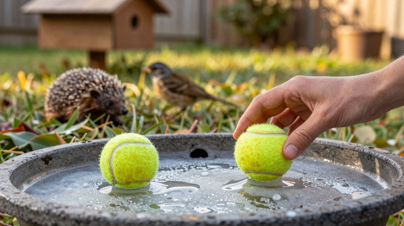 Mão coloca bolas de ténis numa taça de água no jardim, com um ouriço e um pássaro ao fundo.