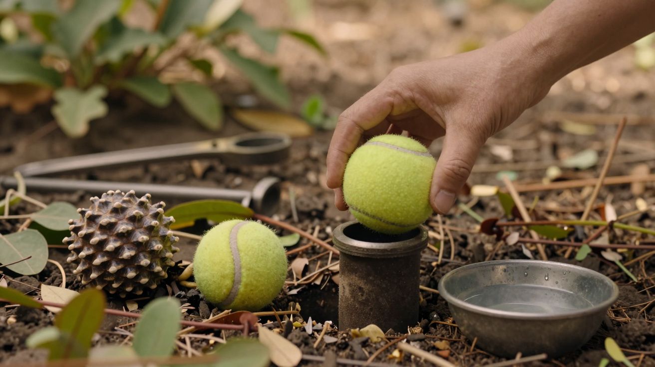 Mão coloca bola de ténis num tubo no solo, rodeado por folhas, pinha e tigela metálica.