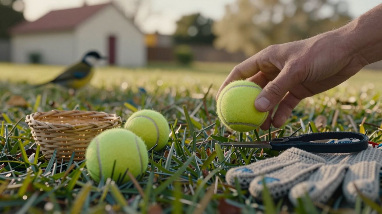 Mão a pegar numa bola de ténis sobre relva, com pássaro, cesto e tesoura ao lado. Casa ao fundo.