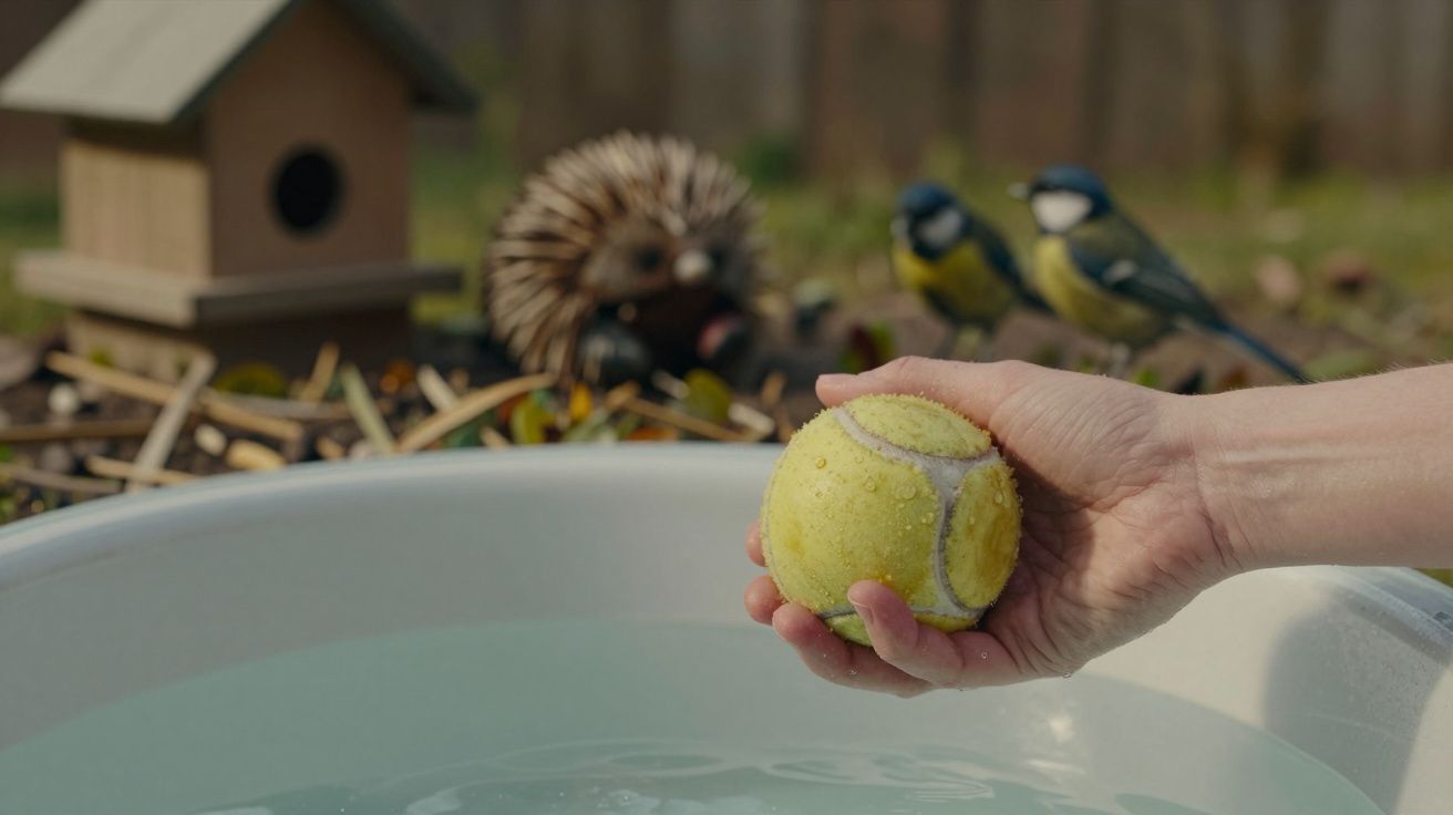 Mão segurando bola de ténis molhada sobre bacia de água, ouriço e pássaros ao fundo, junto a uma casinha de madeira.