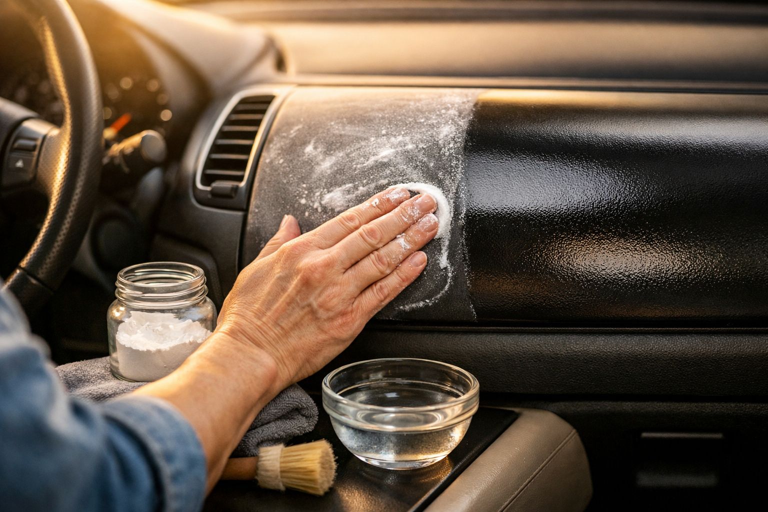 Pessoa mistura ingredientes em tigela dentro de carro; frascos e toalhas ao lado.