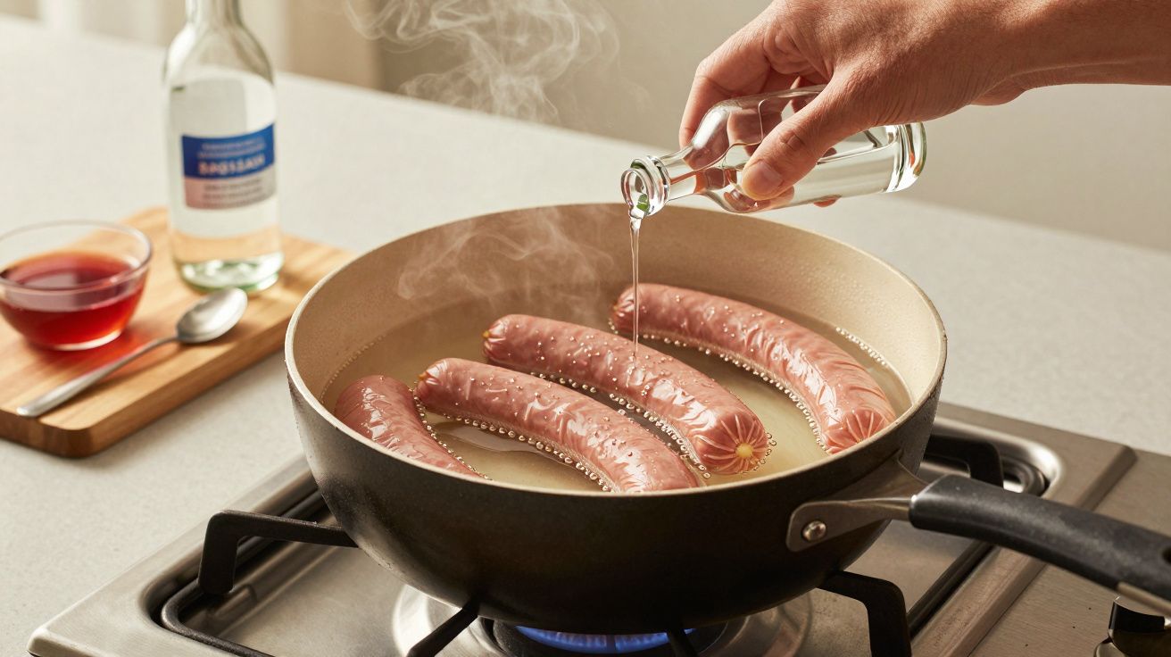 Mão adiciona líquido a quatro salsichas a cozinhar numa frigideira ao lume, com vapor visível.