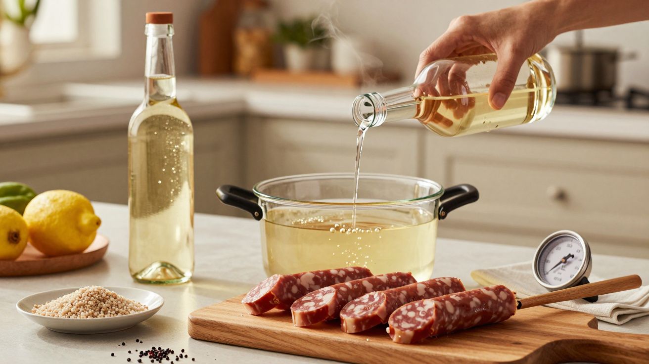 Mão a verter líquido transparente em panela com carne ao lado de arroz, pimenta e limões numa cozinha.