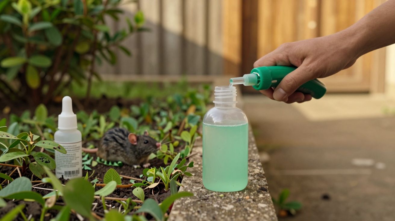 Pessoa despeja líquido em frasco com pipeta verde, rato entre folhas ao lado.
