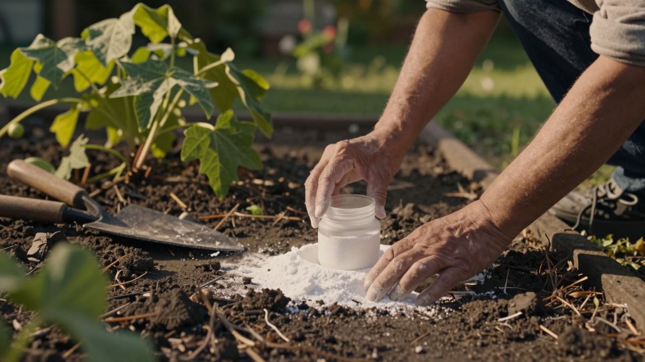Pessoa espalhando pó branco no solo do jardim, perto de plantas; ferramentas de jardinagem ao lado.