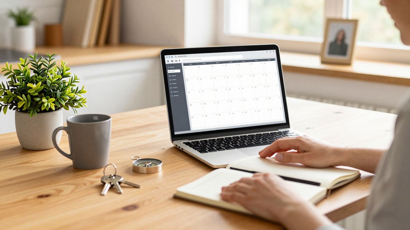 Pessoa trabalha numa mesa com portátil e bloco de notas. Chave e planta ao lado, janela ao fundo.