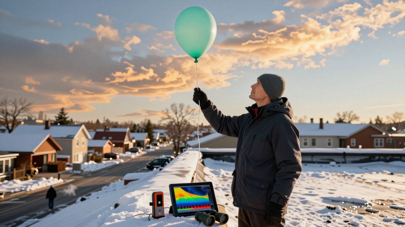 Homem em telhado com neve, segurando balão verde e observando dados num portátil ao pôr do sol.