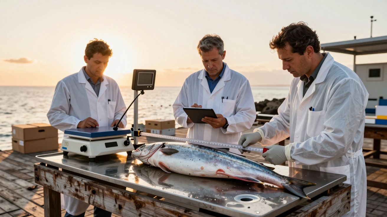 Três cientistas em jalecos brancos medem um peixe grande em mesa de metal junto ao mar ao pôr do sol.