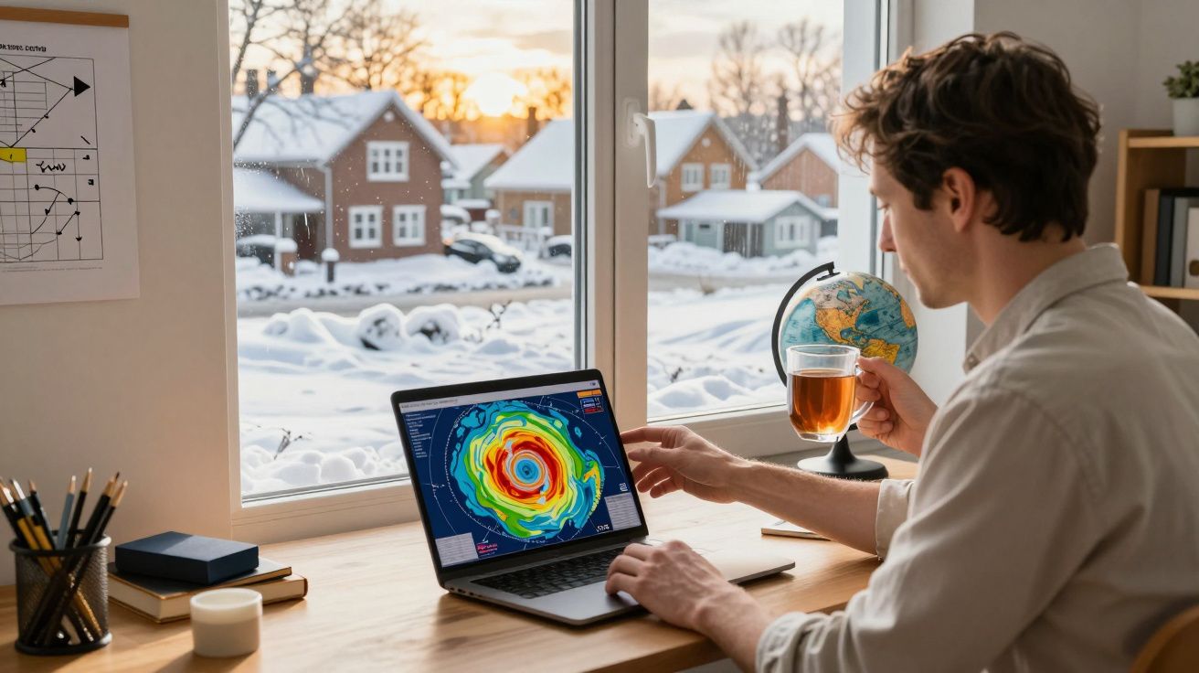 Homem analisa mapa meteorológico num portátil, segurando chá, com vista para neve e casas pela janela ao pôr do sol.