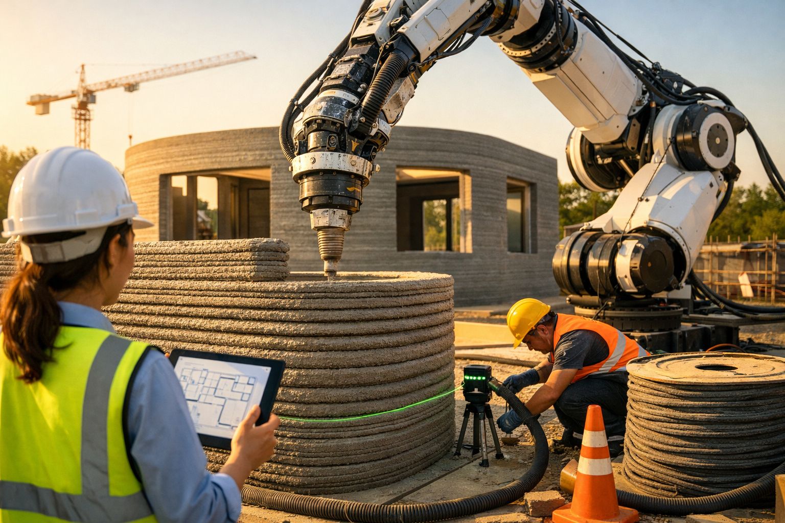 Engenheira com capacete amarelo utiliza tablet para controlar robô em canteiro de obras ao ar livre.
