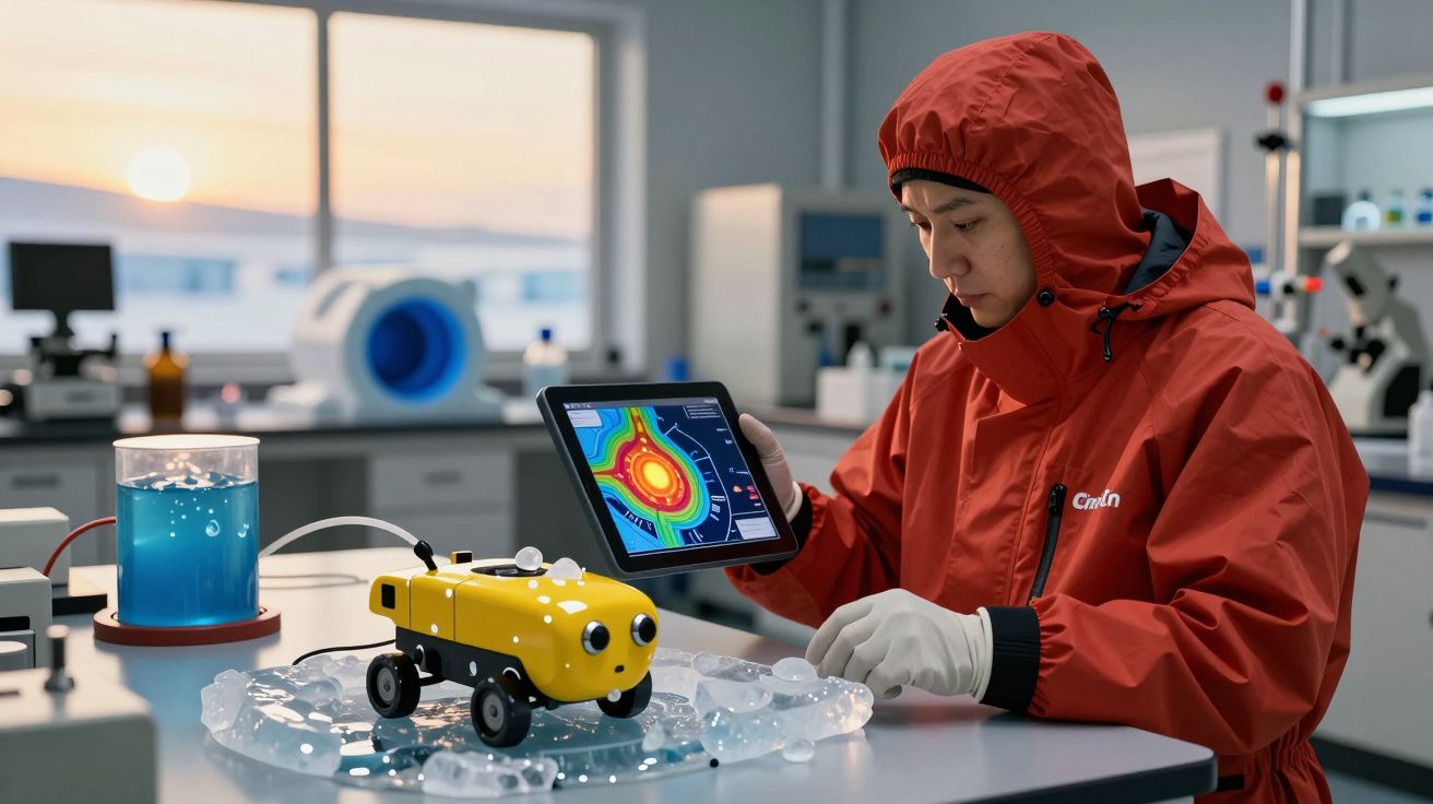 Cientista em roupa de proteção analisa tablet com dados, ao lado de robô amarelo e recipiente com líquido azul.