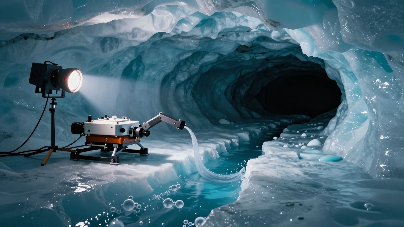 Dispositivo de pesquisa com luz em caverna de gelo azul, explorando túnel com água cristalina.