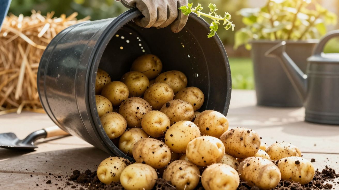 Batatas frescas caem de um balde no chão, cercadas por terra e um regador ao fundo.
