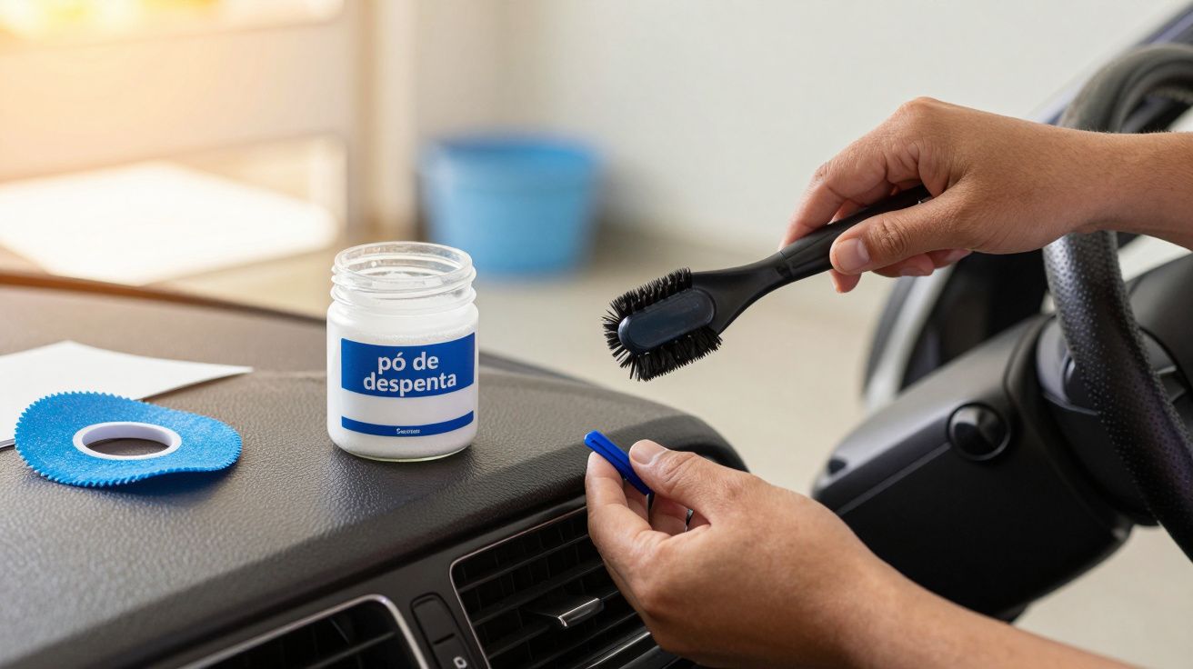 Mãos segurando escova ao lado de frasco de pó de despenta no interior de um carro.