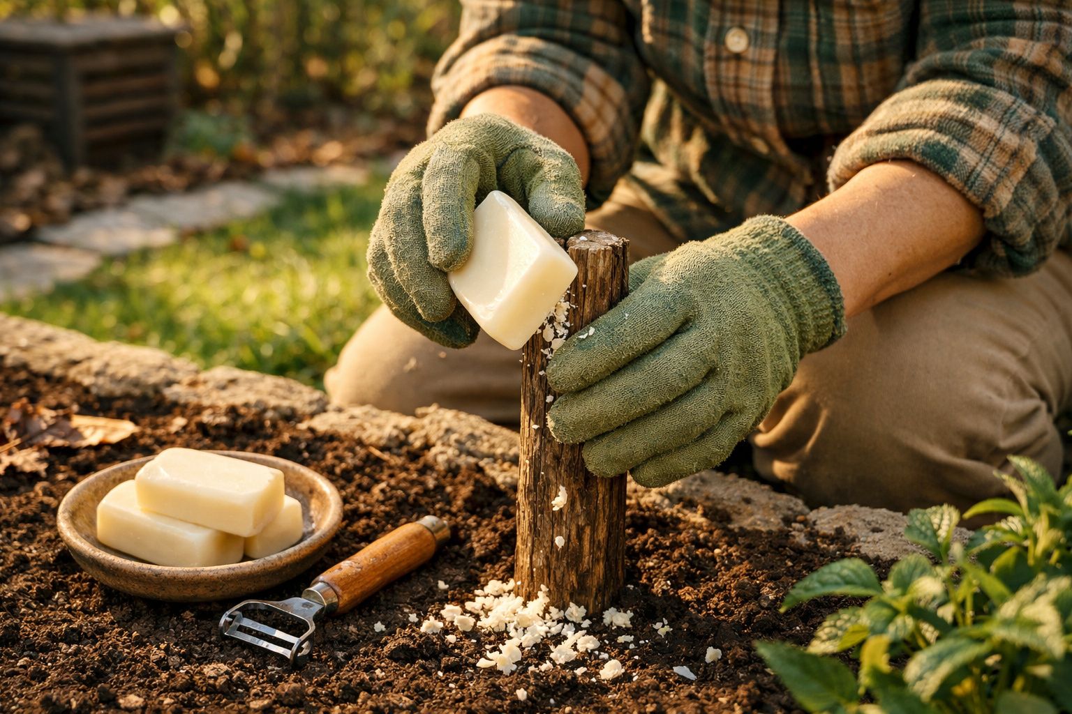 Pessoa com luvas de jardinagem a preparar sementes numa mesa ao lado de plantas jovens.